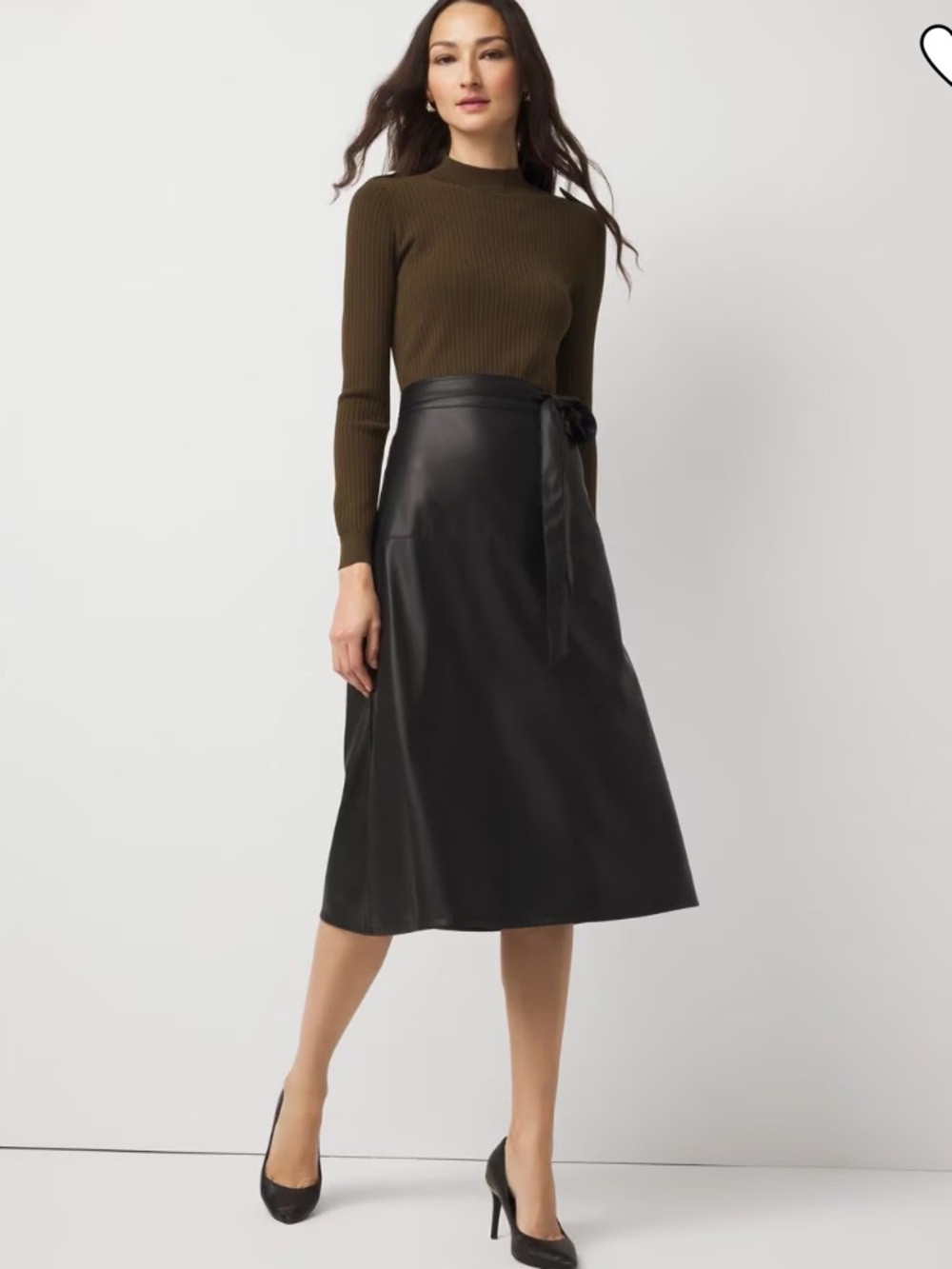 White House Black Market long sleeved Faux Leather belted dress New